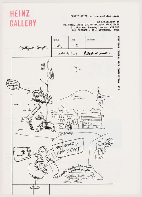 Cover sheet for the publication issued on the occasion of the exhibition "Cedric Price": the evolving image, presented at the Royal Institute of British Architects October 8-November 29, 1975