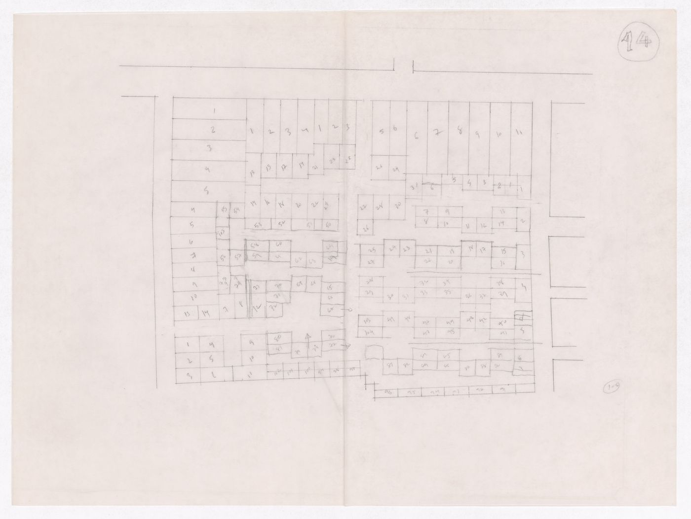 Sketch showing plots layout development for Minimum Cost Housing Group's plot in Aranya township, India, for Aranya Housing Project