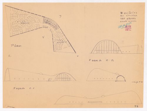 Plan, elevations and a section for the dormitory, Village Polychrome, near Biot, France
