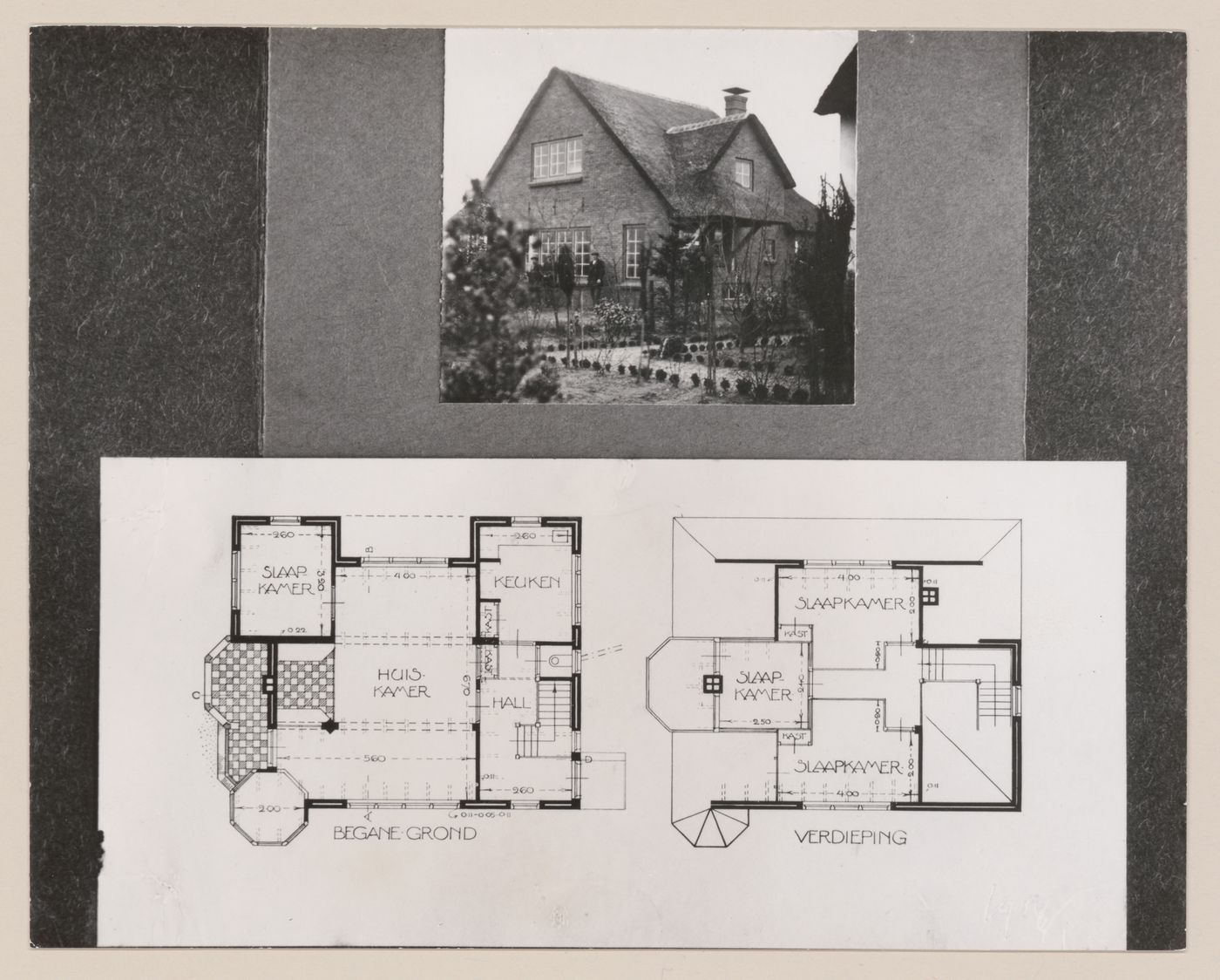Photograph of floor plans for a house for Mr. and Mrs. van Essen-Vincker and view of the house from the garden, Blaricum, Netherlands