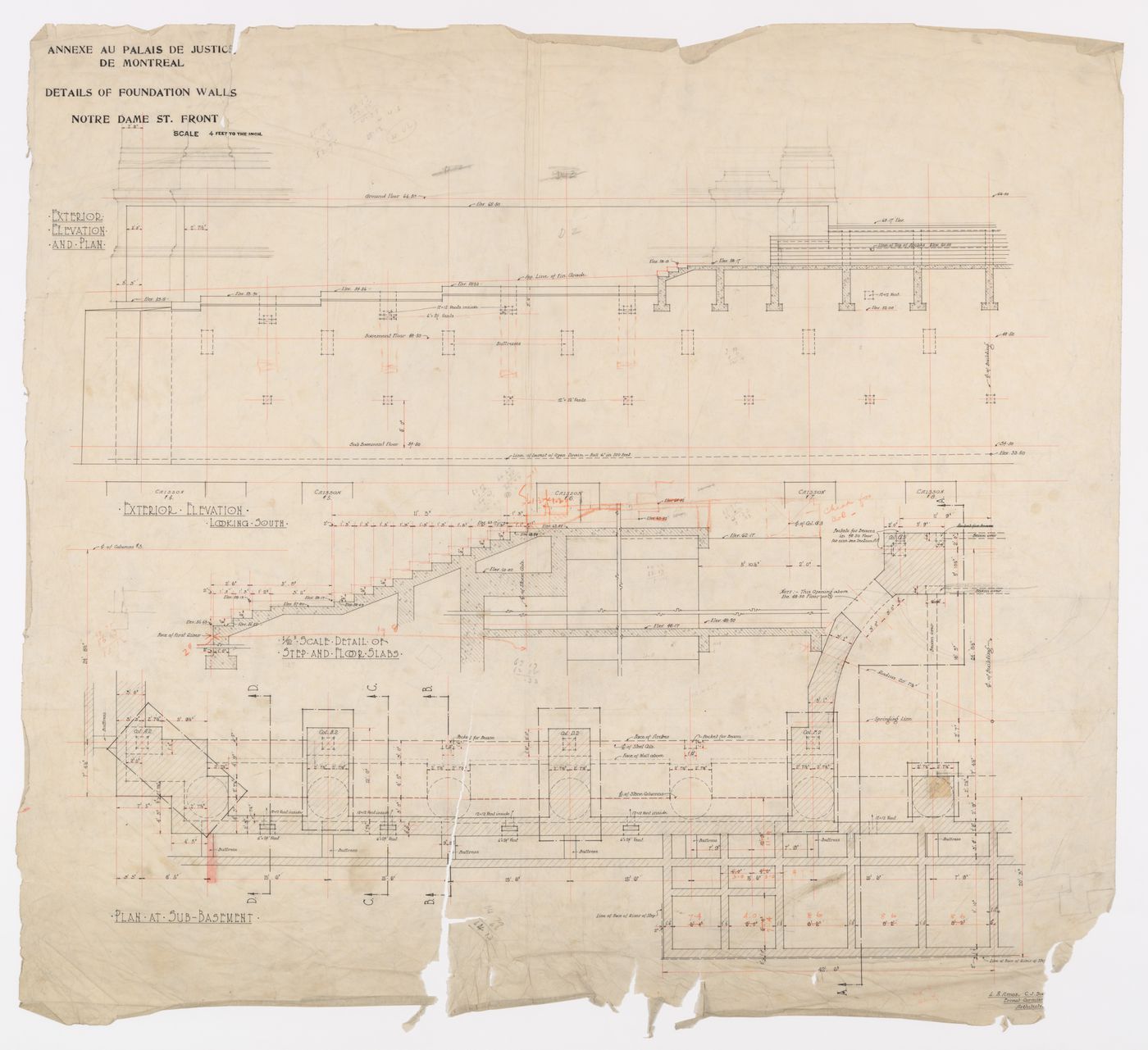 Détails des murs des fondations, Annexe au Palais de Justice de Montréal, Montréal, Canada (1920-1927)
