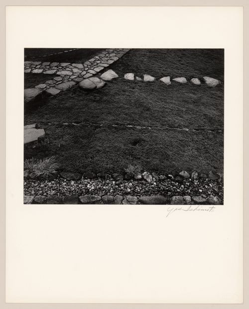 View of paving stones, stepping-stones, plants and moss in front of the broad veranda of the Old Shoin, Katsura Rikyu (also known as Katsura Imperial Villa), Kyoto, Japan