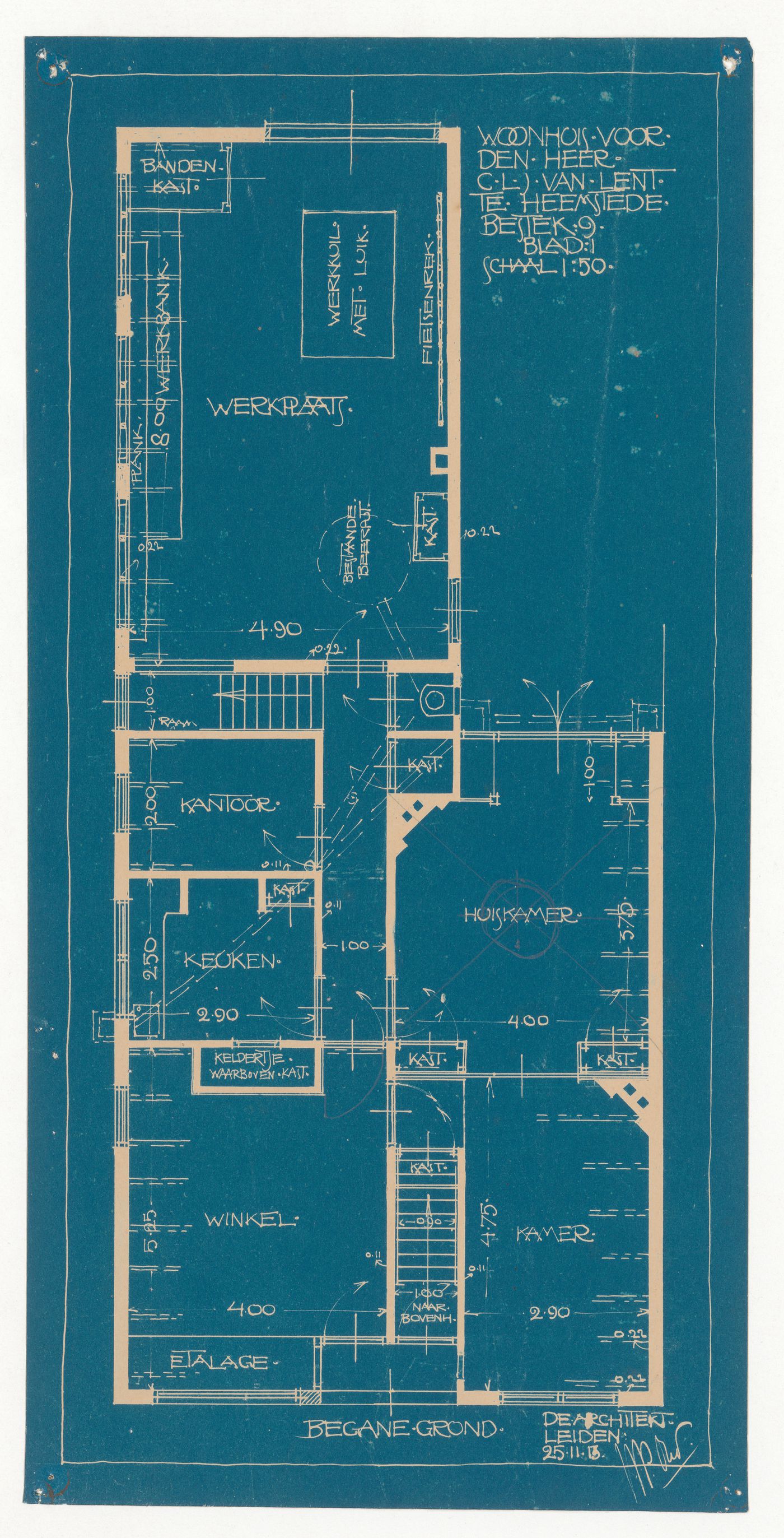 Ground floor plan for a motorcycle shop and house for C.L.J. van Lent, Heemstede, Netherlands