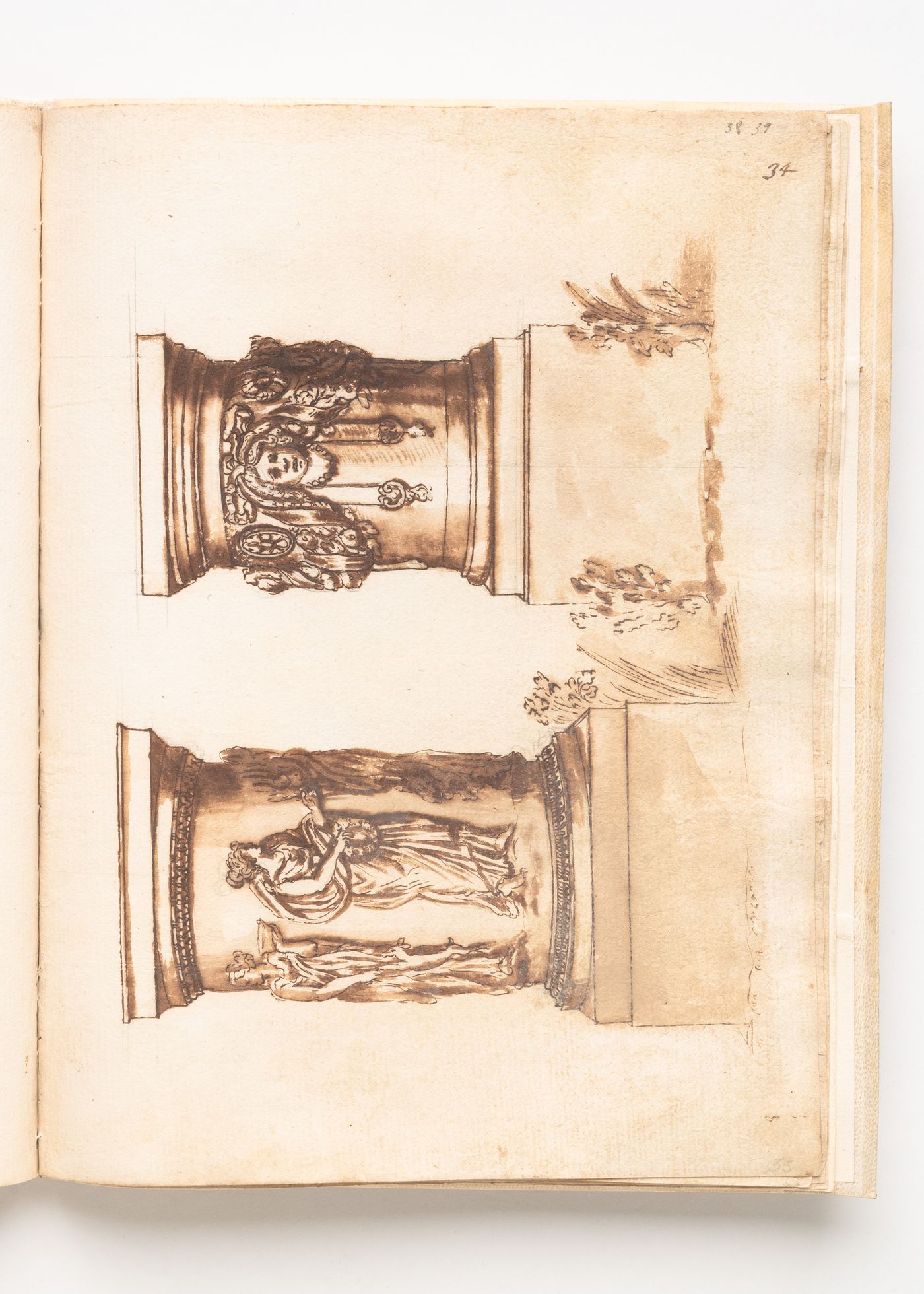 Two bases or altars, one decorated with female figures moving right and the other with garlands