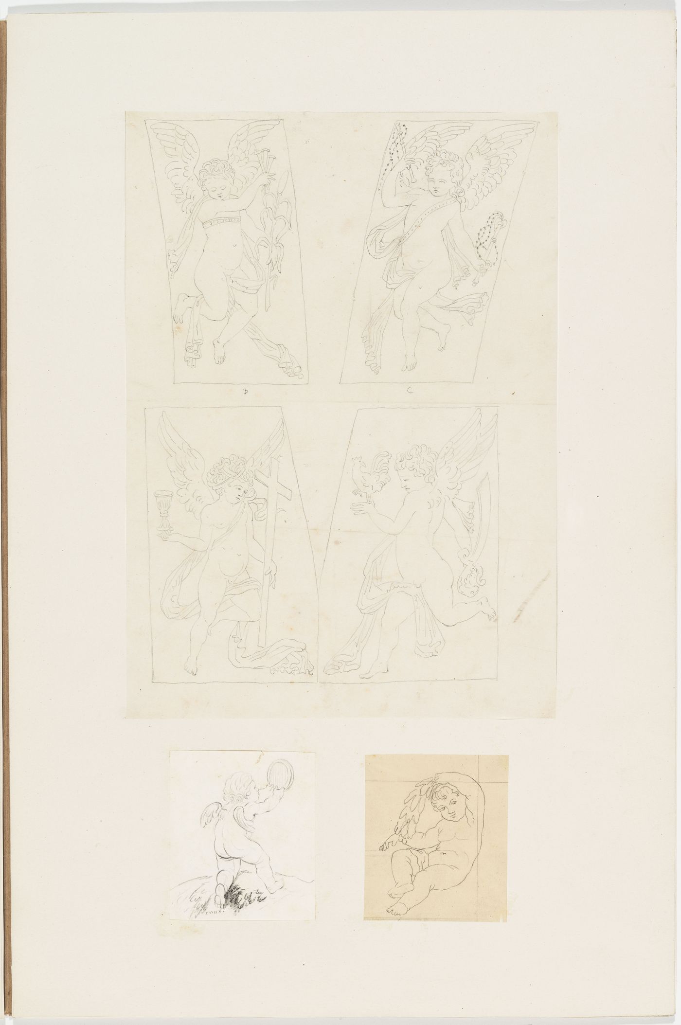 Drawings of four putti holding symbols of the passion cycle; A putto looking into a mirror, perhaps after Roux; and a putto with a grape vine