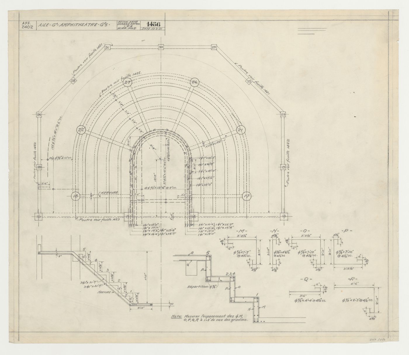 Détails structuraux de l'amphithéâtre,  Pavillon principal et campus, Université de Montréal, Montréal, Canada (1924-1947)