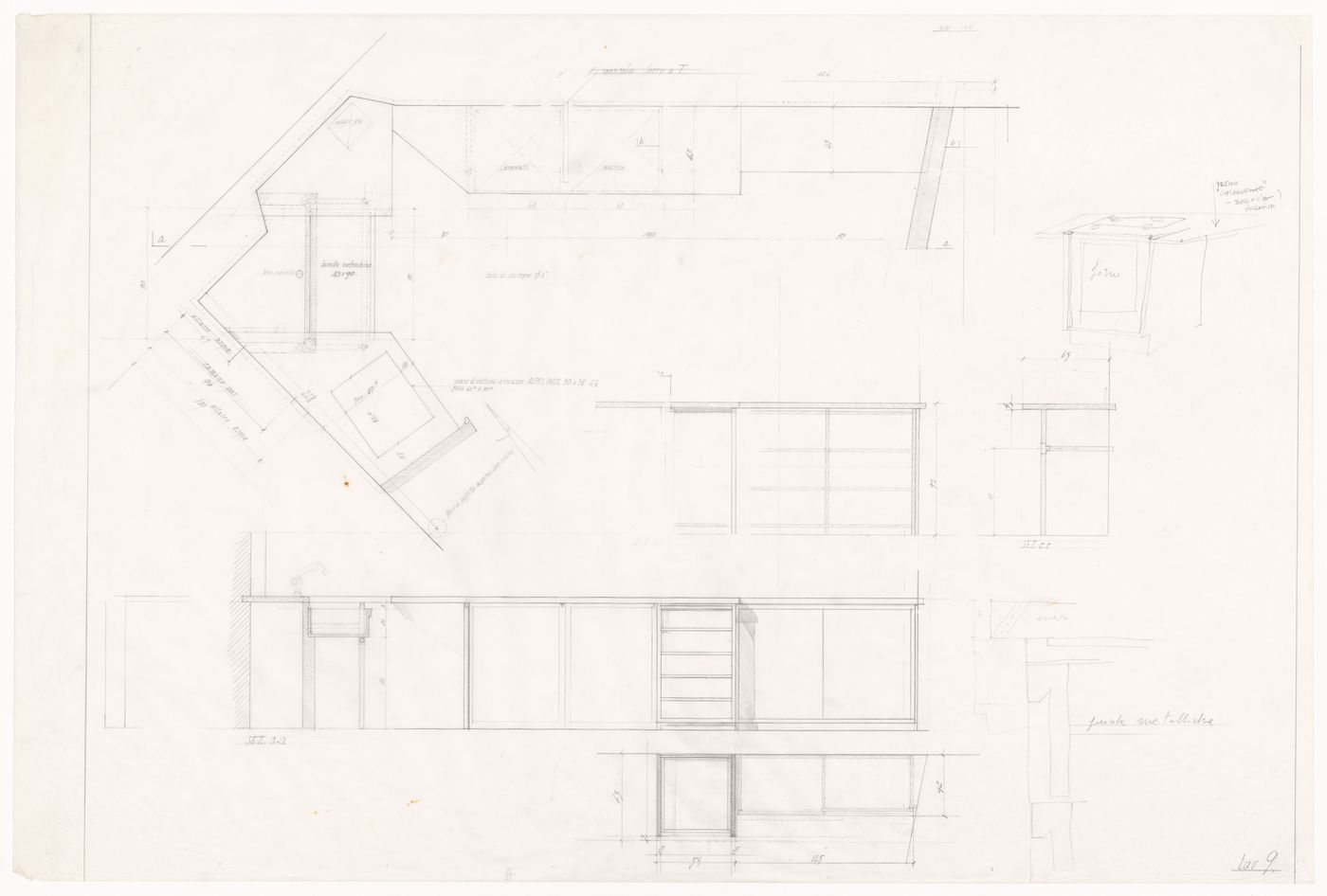 Sections, plans and sketches for Casa De Paolini, Milan, Italy