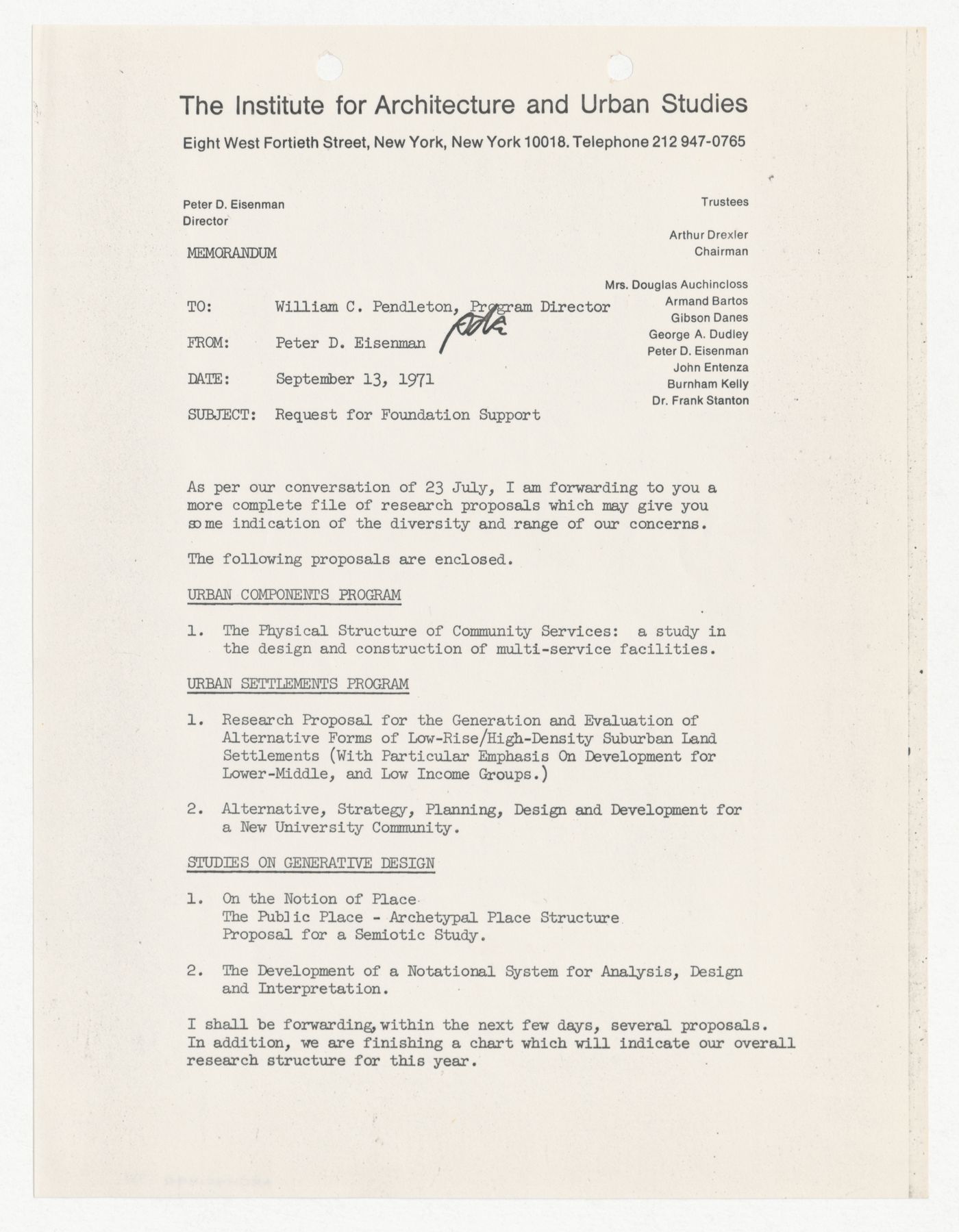 Letter from William C. Pendleton to Peter D. Eisenman with attached memorandum from Peter D. Eisenman
