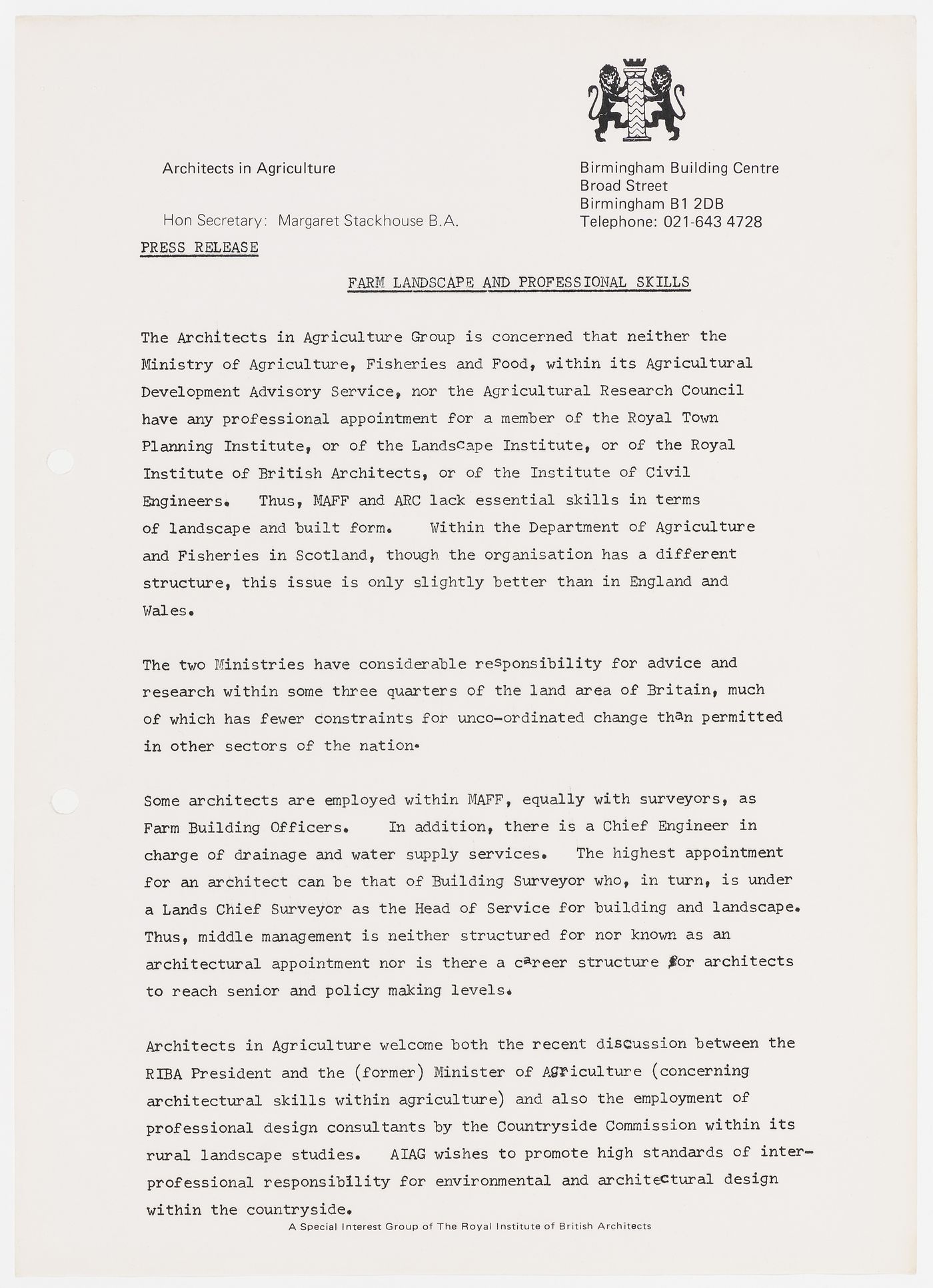 Press release about Farm landscape and professional skills issued by the Architects in Agriculture Group (sheet 1 of 2) (document from the Westpen project records)