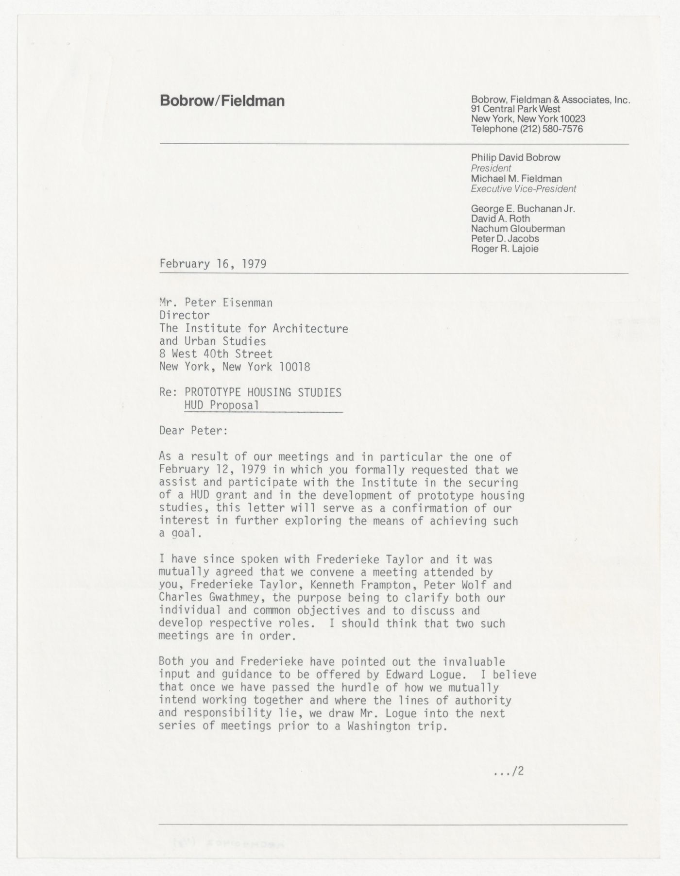 Letter from Michael M. Fieldman to Peter D. Eisenman about prototype housing studies