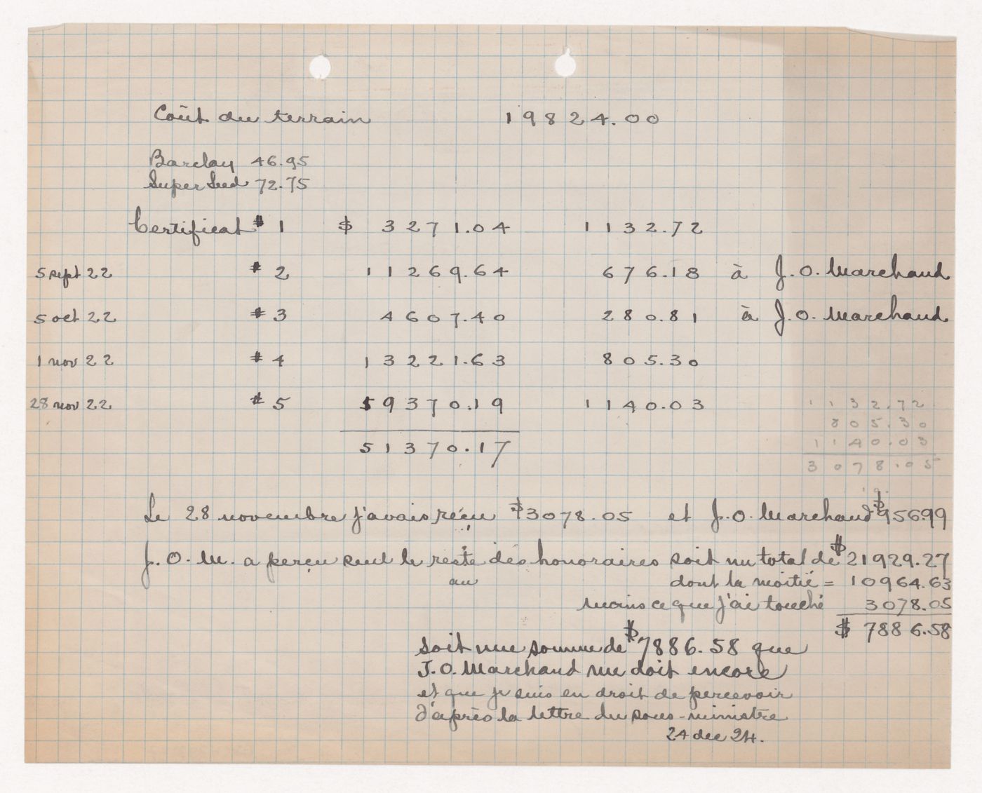 Pièce justificative relative aux sommes perçues par J.O. Marchand