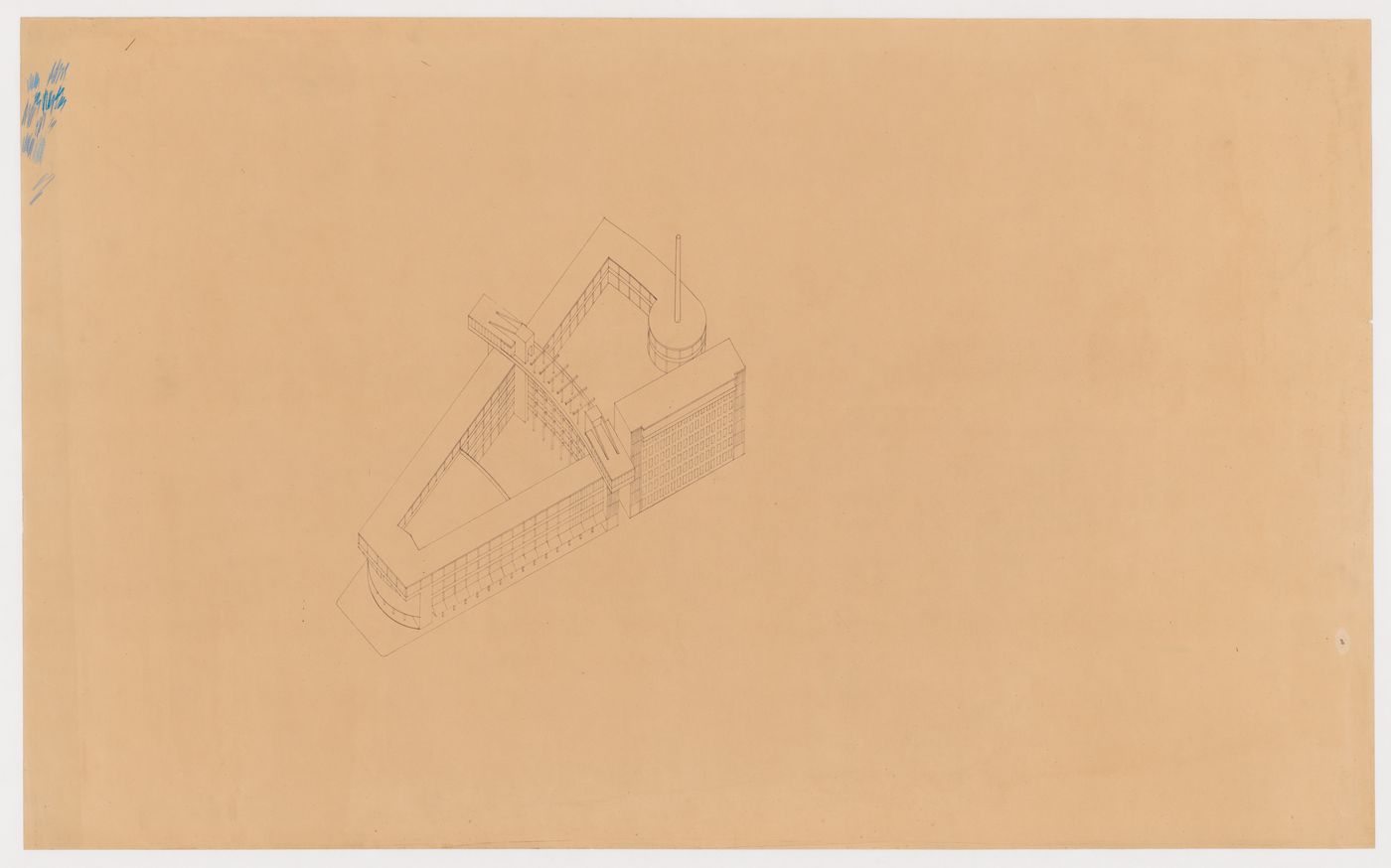 Axonometric for the 1926 design for People's University, Rotterdam, Netherlands