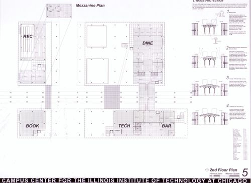 Second floor plan and description of noise protection system, submission to the Richard H. Driehaus Foundation International Design Competition for a new campus center (1997-98), Illinois Institute of Technology, Chicago, Illinois