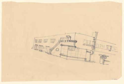 Sketch perspective for industrial row houses showing a corner shop, Hoek van Holland, Netherlands