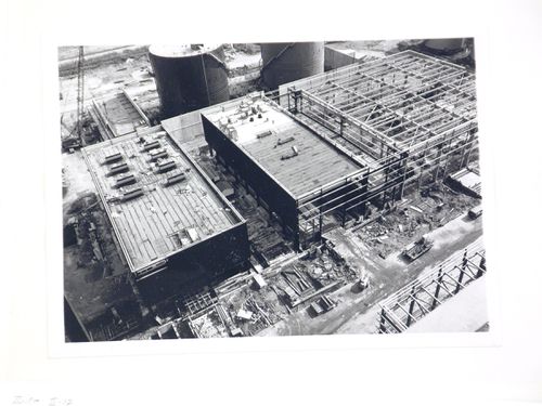 View of construction of steel structure for power station, United Kingdom