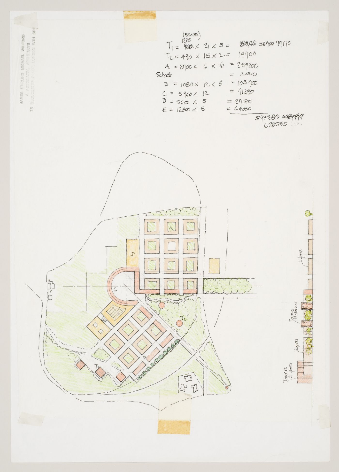 New Town Centre, Caselecchio di Reno, Italy: plan and elevation