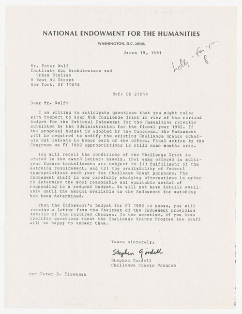 Letter from Stephen Goodell to Peter Wolf about modifications to National Endowment for the Humanities (NEH) Challenge Grant