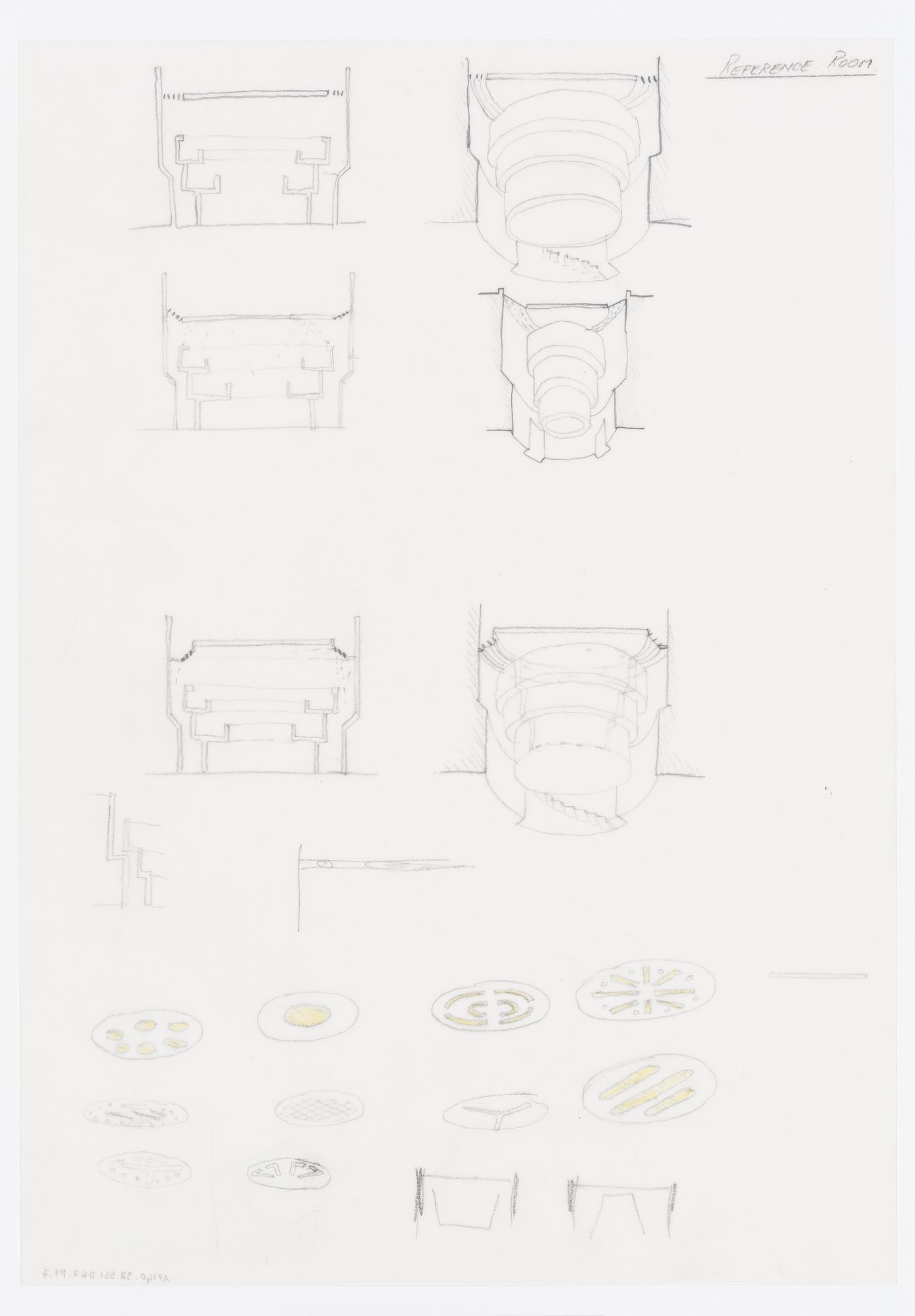 Biblioteca pubblica, Latina, Italy: sections, axonometrics and plans of reference room