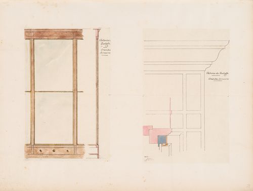 Project for a Galerie de zoologie, 1846: Partial section, plan and elevations for the large display cabinets