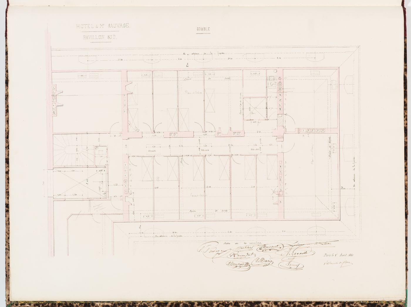 Plan for the "comble" of the "pavillon sud", Hôtel Sauvage, Paris