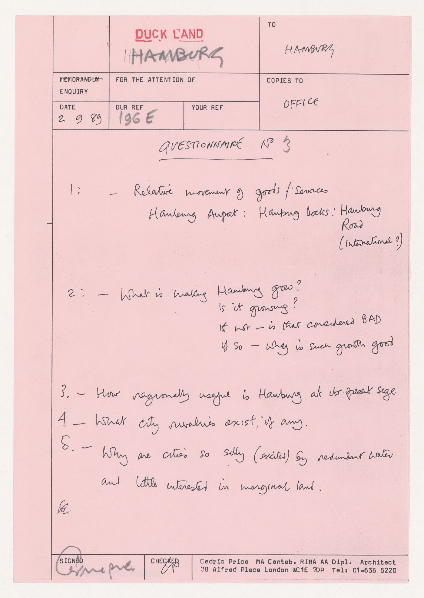 Questionnaire N°3 for Duck Land, Hamburg, Germany