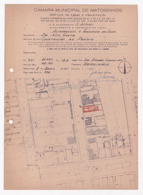 Site plan prepared by Câmara Municipal de Matosinhos, Serviços de Obras e Urbanização for Habitação Dr. Júlio Gesta, Matosinhos, Portugal