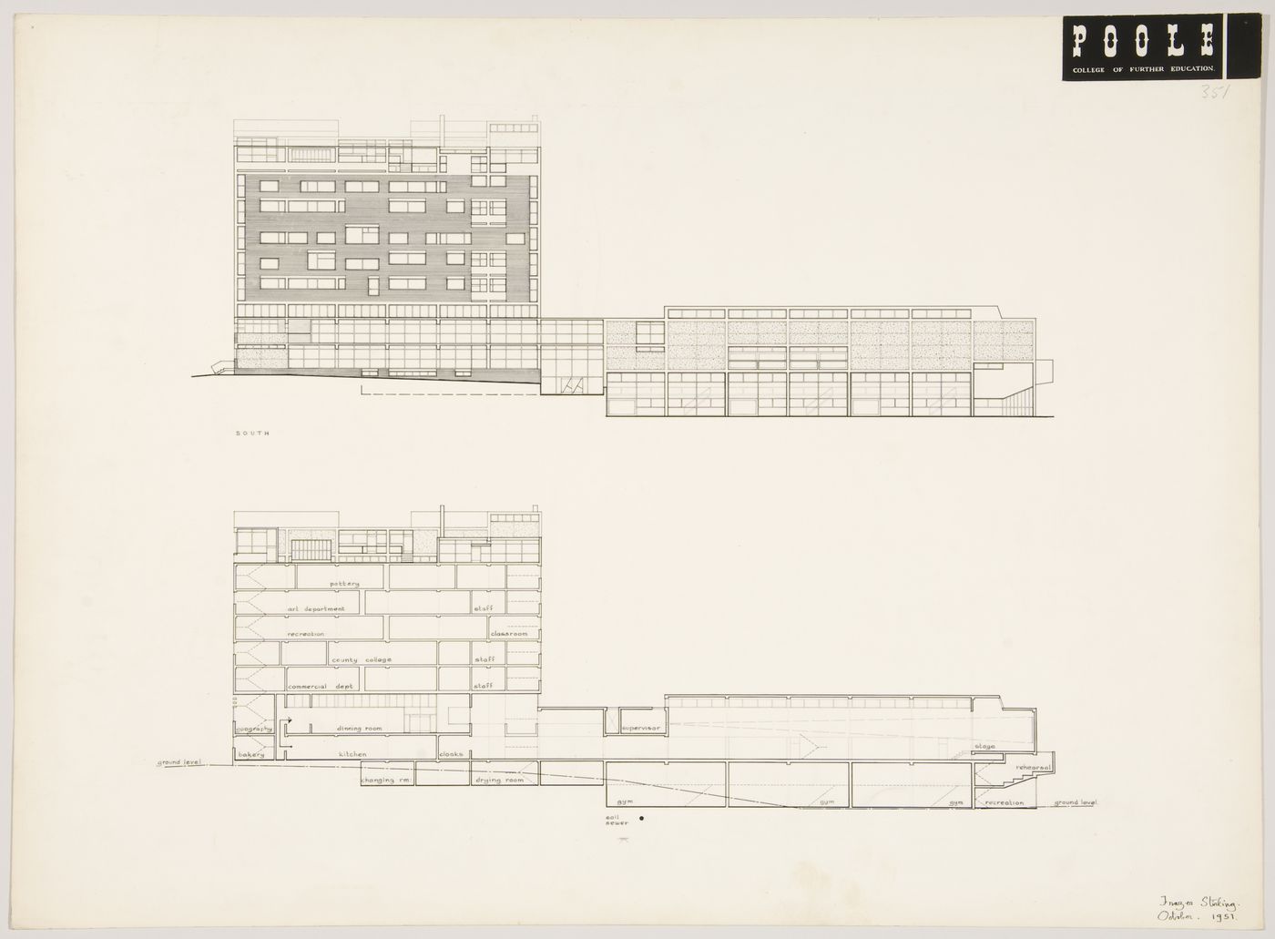 Poole College of Further Education, Poole, England: elevation and section