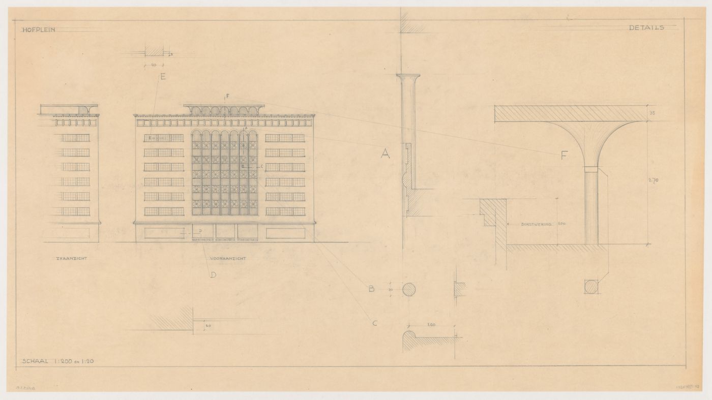 Principal elevation, partial lateral elevation and sectional details for an arcade for a model for a mixed-use development for the reconstruction of the Hofplein (city centre), Rotterdam, Netherlands