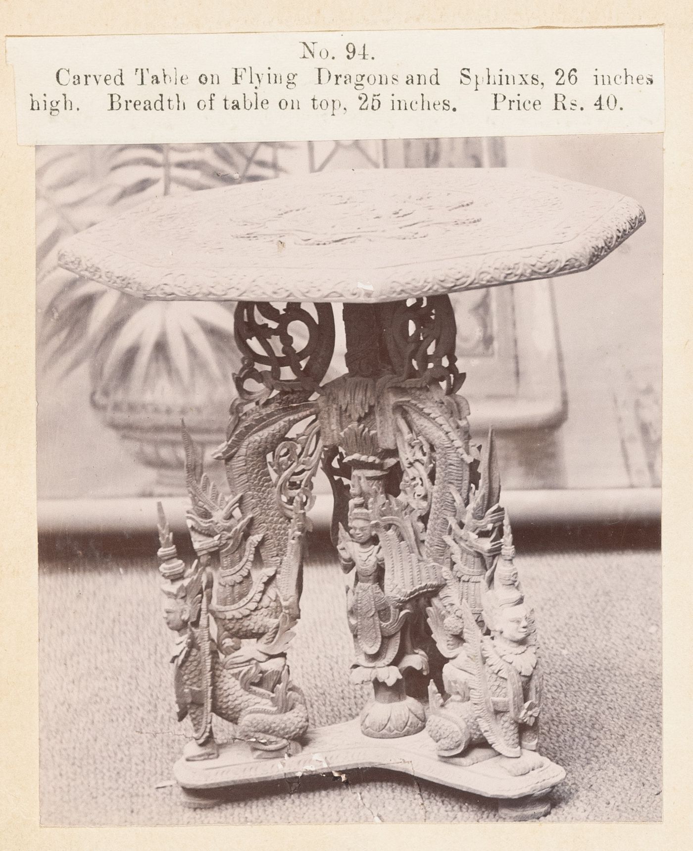 View of a table, F. Beato Limited, C Road, Mandalay, Burma (now Myanmar)