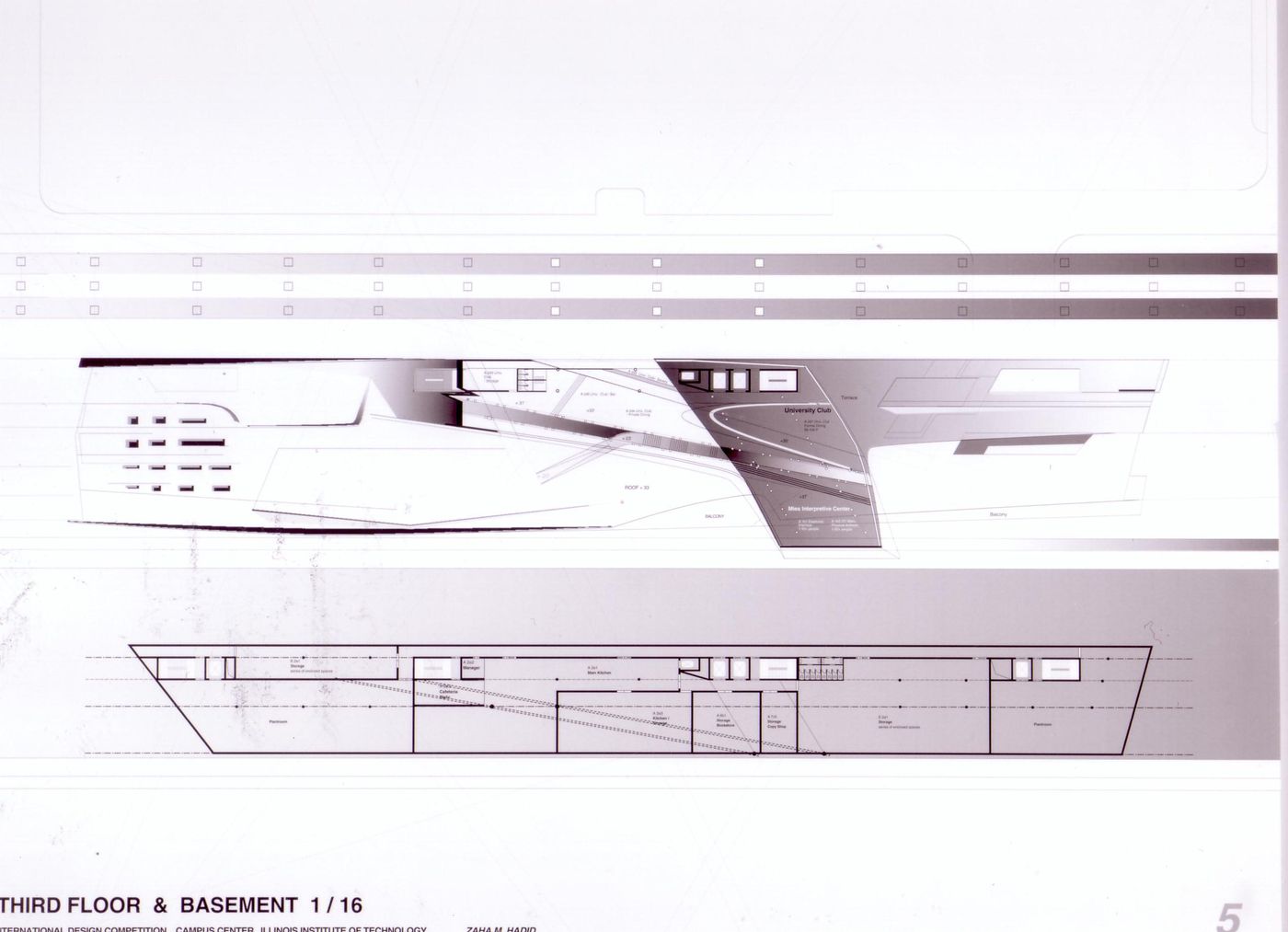 Third floor and basement plans, submission to the Richard H. Driehaus Foundation International Design Competition for a new campus center (1997-98), Illinois Institute of Technology, Chicago, Illinois