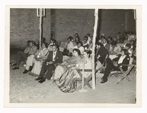 Audience in the courtyard of the Chandigarh College of Architecture, including M. N. Sharma (front row center), Chief Architect of Chandigarh, and his wife along with Savitri Prakash