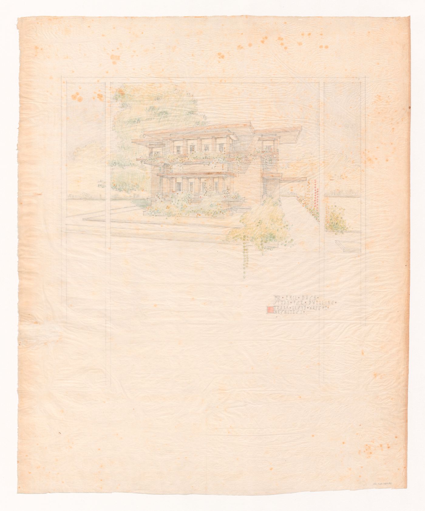 Exterior perspective for the street facade for Emil Bach House, Chicago, Illinois