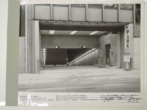 Seagram building under construction, 375 Park avenue, New York, N.Y., garage entrance
