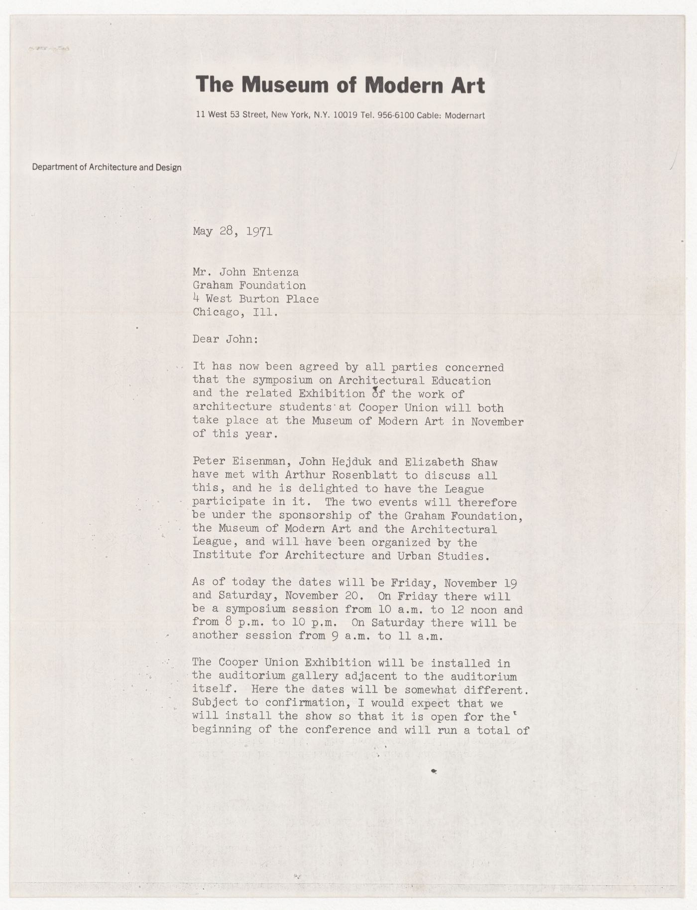 Letter from Arthur Drexler to John Entenza about sponsorship of symposium at The Museum of Modern Art (MOMA)