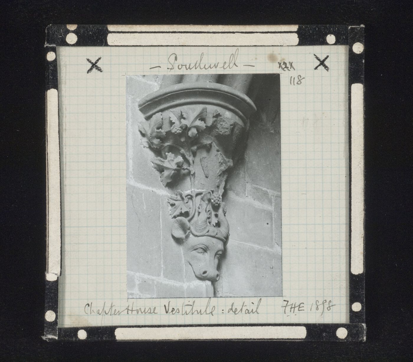View of corbel with bull's head, vine leaves and grapes in vestibule of Chapter House, Southwell Minster, Southwell, Nottinghamshire, England