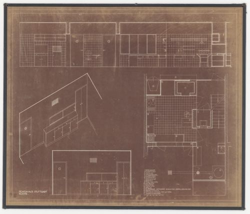 Elevations, plan, and axonometric for a kitchen for terraced housing, Weissenhofsiedlung, Stuttgart, Germany