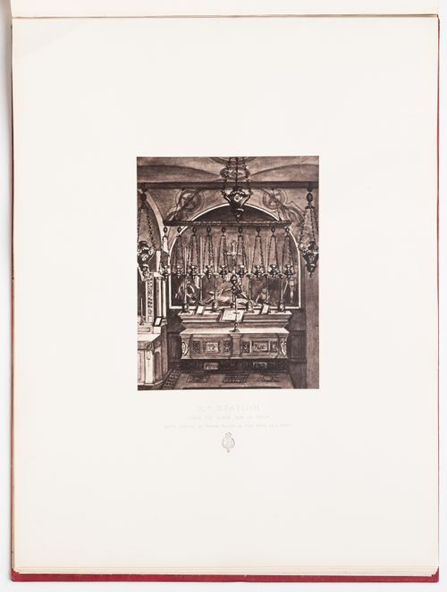 Photograph of a rendering of the Eleventh Station of the Cross showing the altar which represents the place where Jesus was nailed to the cross, Jerusalem, Ottoman Empire (now in Israel)
