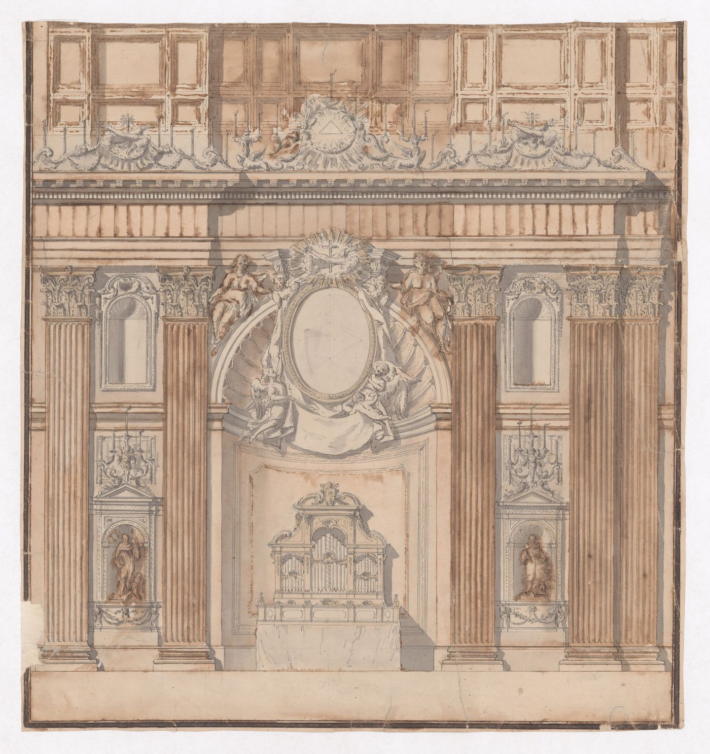 Élévation intérieure longitudinale du chœur d'une église romaine, montrant une abside avec orgue, Rome