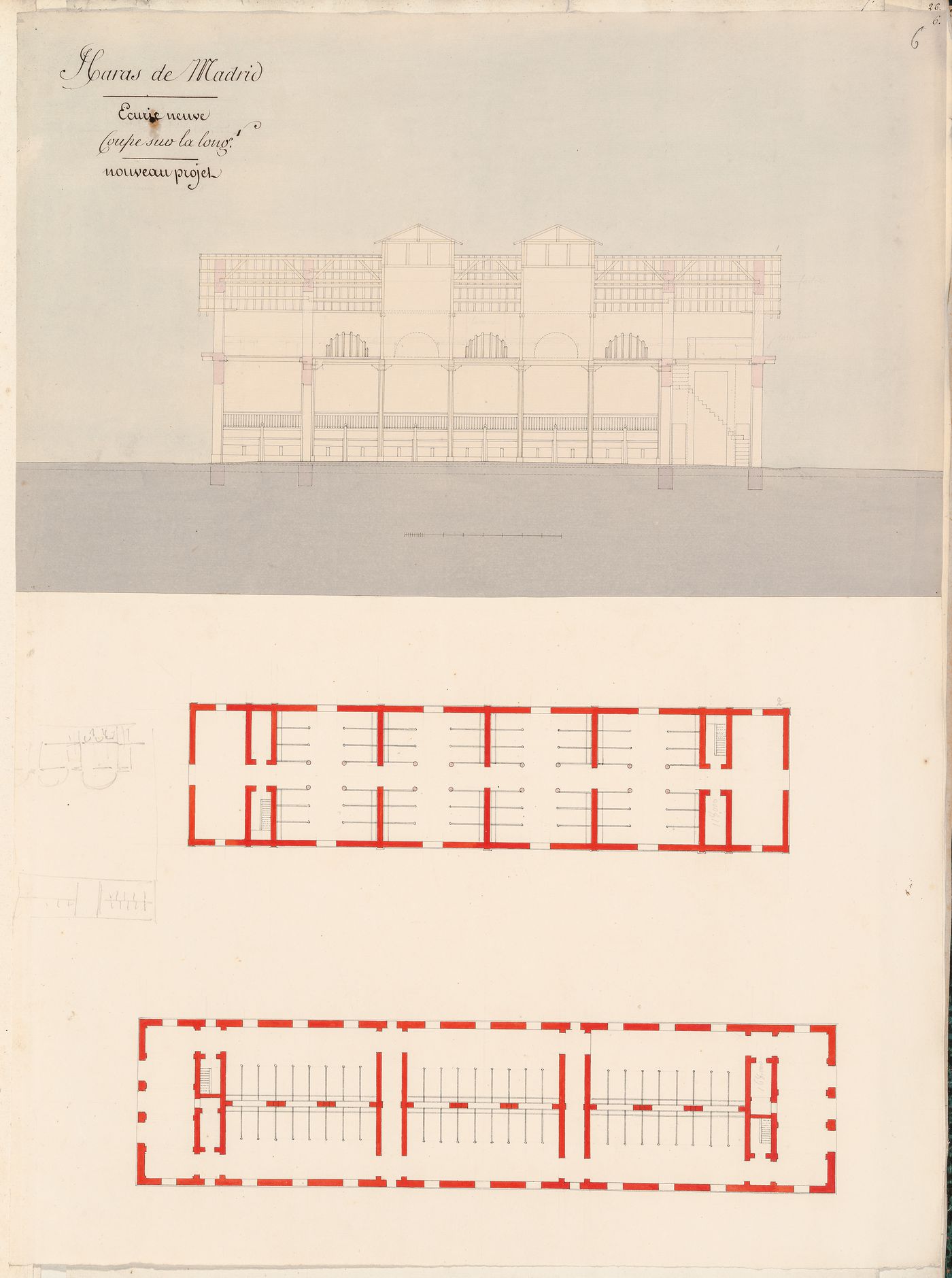 Project for a stud-farm "Haras de Madrid", Bois de Boulogne: Longitudinal section and plans for a stable