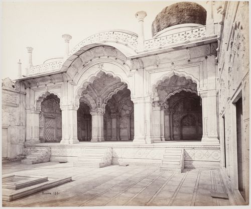 View of the façade of the Moti Masjid [Pearl Mosque] with a courtyard and recessed pool in the foreground, Shahjahanabad (now Lal Qila or Red Fort), Delhi, India