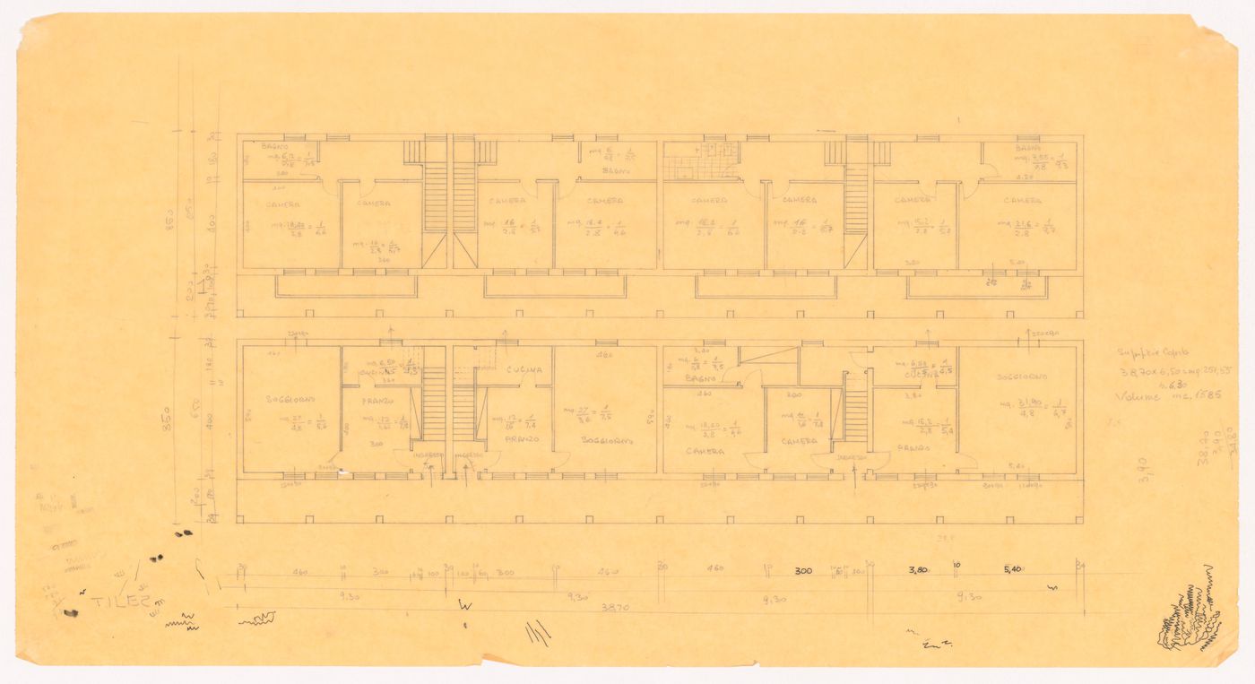 Plan with sketch and anotations for Case di abitazioni sulla proprietà Molteni, Giussano, Italy