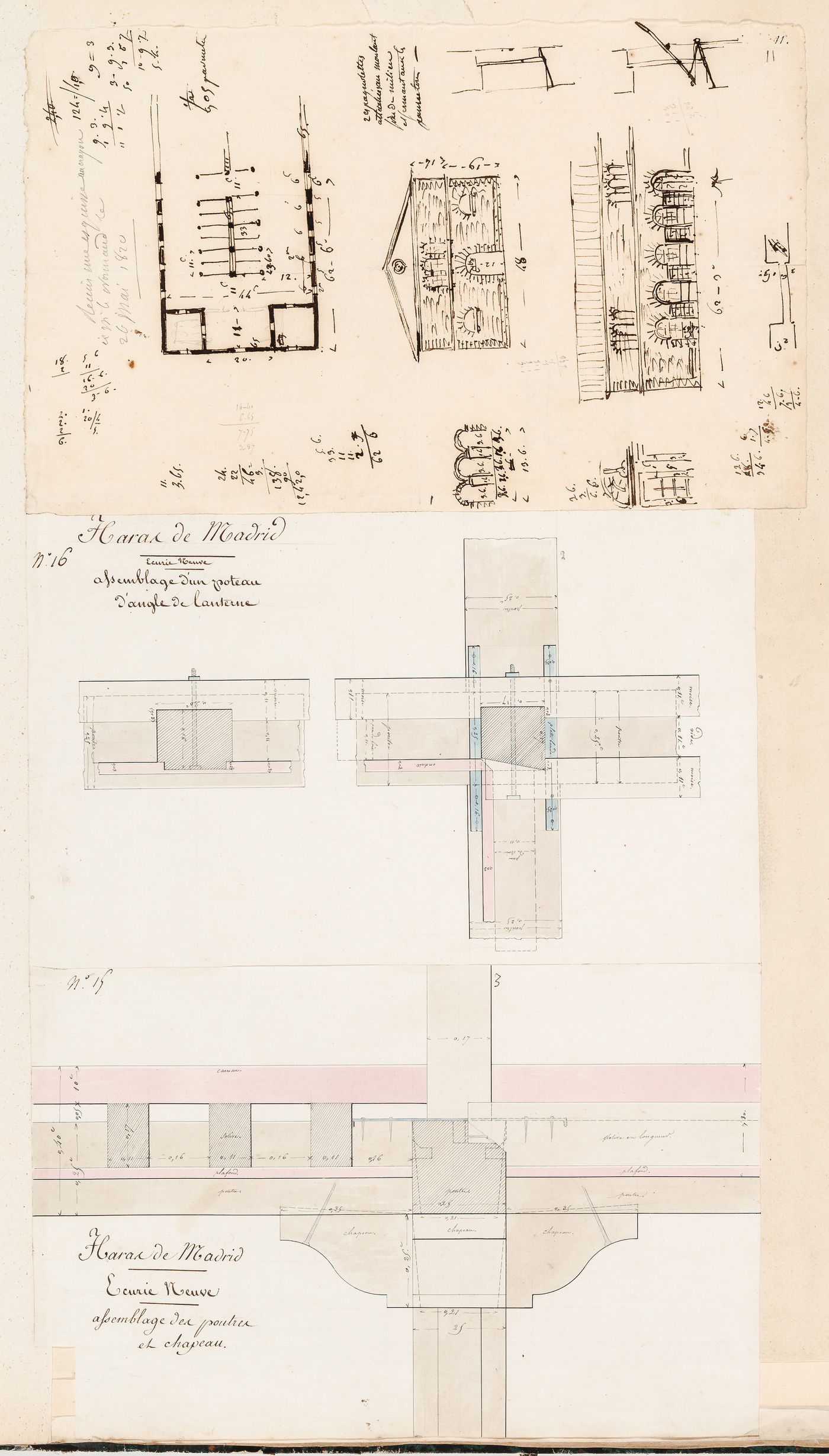 Project for a stud-farm "Haras de Madrid", Bois de Boulogne: Details showing the joints of beams and posts for a stable