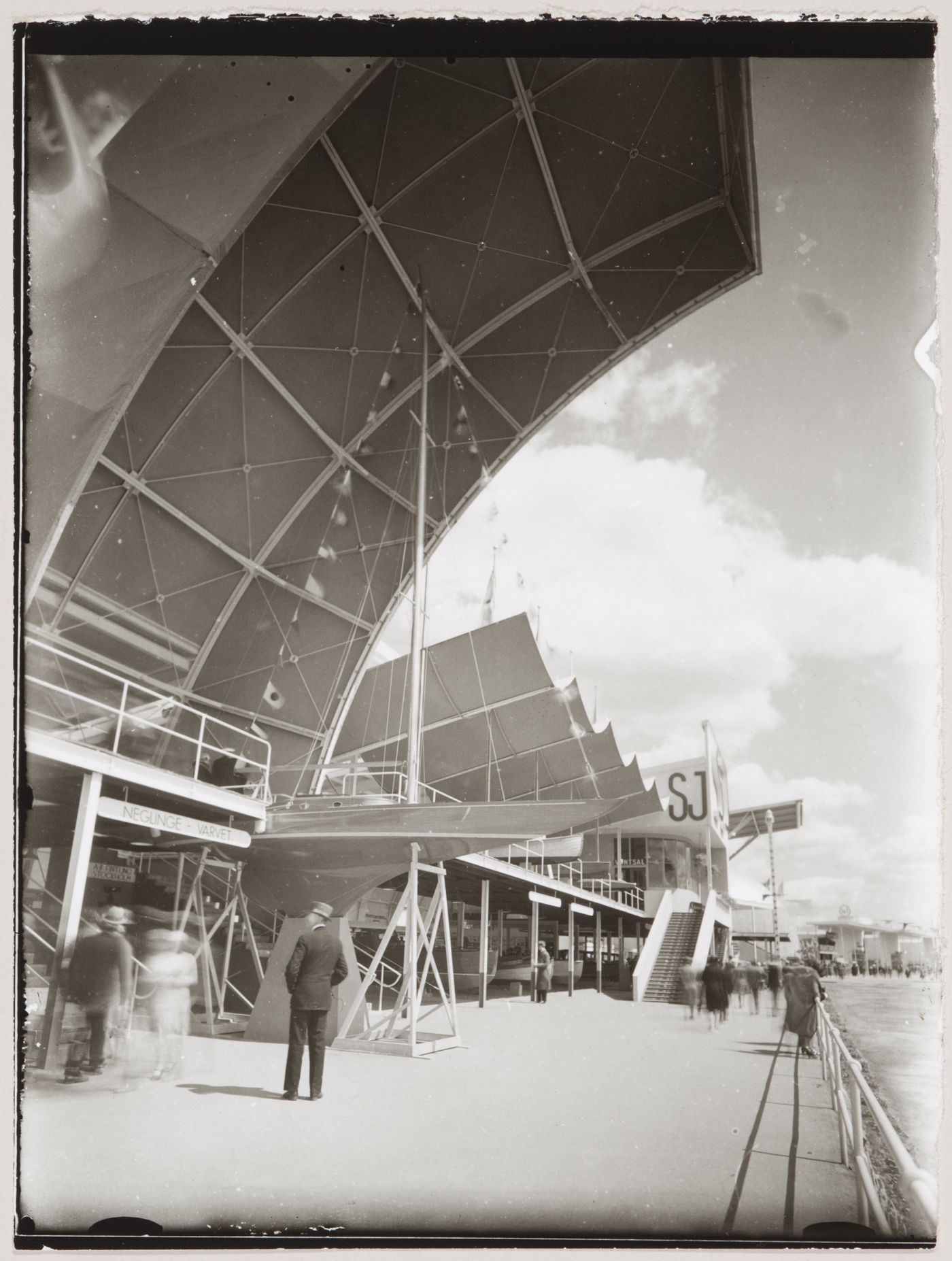 Exterior view of hall 2 at the Stockholm Exhibition of 1930 showing the boat section, Stockholm