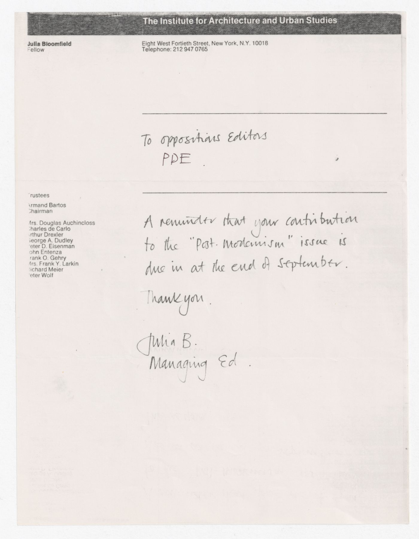 Memorandum from Julia Bloomfield to Peter D. Eisenman and Oppositions Journal editors about deadline for post-modernism issue