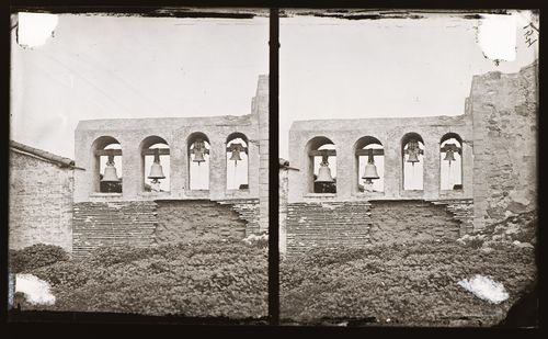 Stereograph of courtyard at Mission San Juan Capistrano, California, United States of America