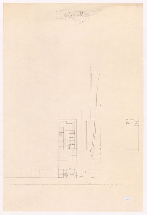 Plan, elevations and sketch perspective for Carlos Vale Guimarães house, Aveiro, Portugal