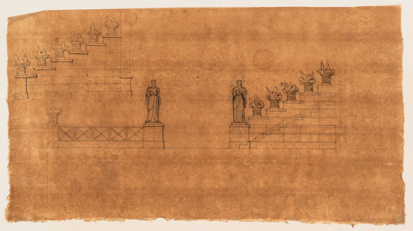 Elevation and sketch for a fence and staircase with statues and potted plants, apparently not for Hôtel Soltykoff