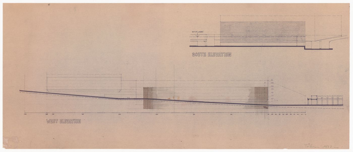 South and west elevations for Pahlavi National Library Competition, Tehran, Iran