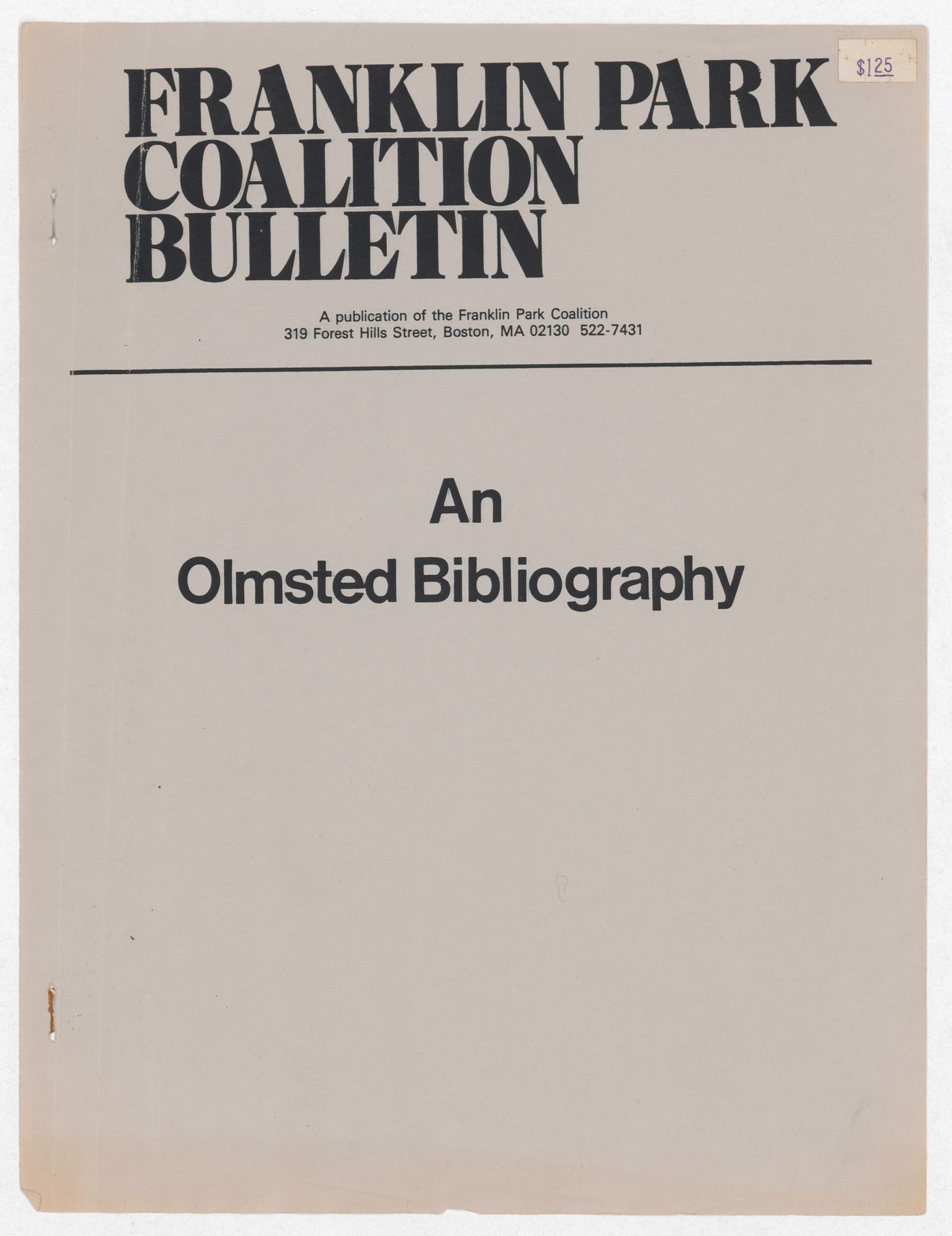 Copy of An Olmsted Bibliography by Franklin Park Coalition Bulletin for the exhibition Olmsted: L'origine del parco urbano e del parco naturale contemporaneo
