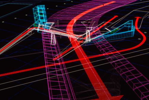 Screen capture of an AutoCAD file of a wire-frame model of the bridge landing, including arrows representing circulation, for Erasmus Bridge